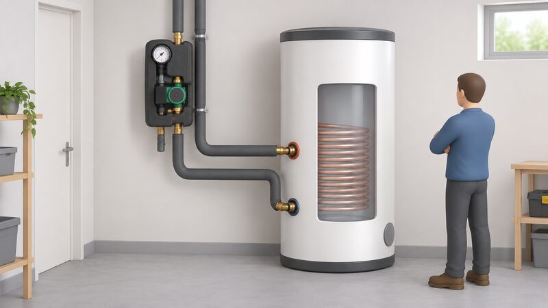 A compact wall-mounted solar pump station with a pressure gauge, circulation pump and insulated flow and return pipe connections, mounted on a wall beside a hot water cylinder with insulated pipework running between them.