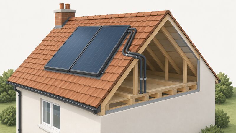 A cutaway view of a house roof with a flat plate solar thermal collector array fixed to the pitched roof surface and insulated pipework running from the collectors down into the loft space below.