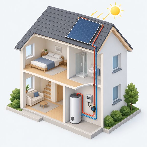 A cutaway house scene showing a flat plate solar thermal collector fixed to a sun-exposed pitched roof, connected by insulated pipework running down through the house to a storage cylinder beside it, with a circulation pump and a control panel linking the two.