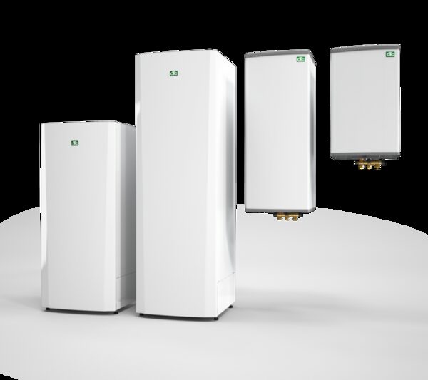 Four white CTC hot water cylinders and wall-mounted water heaters shown as a product lineup on a plain background