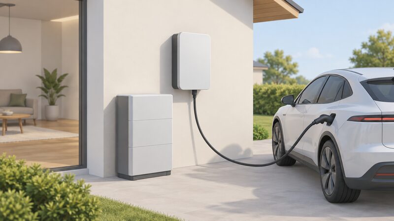 A single wall-mounted bi-directional inverter enclosure on a house wall, with a battery cabinet beside it on the floor and an EV charging cable running from the enclosure to a car, showing conversion, battery management and EV charging combined in one unit.