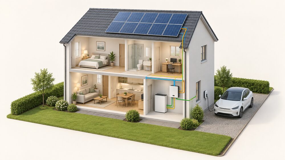 A cutaway of a house showing solar panels on the roof, a single bi-directional inverter unit on an indoor wall connected to the array, a battery beside it, and an EV charger on the outside wall by the drive.