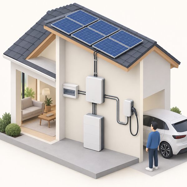 A single wall-mounted hybrid inverter unit shown in isometric cutaway, with conduit runs connecting it to rooftop solar panels above, a storage battery beside it, an EV charger point and the household consumer unit, all converging on the one box.
