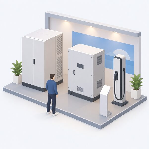 A large commercial-scale inverter unit standing on a trade exhibition stand among a sizeable energy storage cabinet and a tall EV charging post, with a simplified isometric visitor figure looking at the display.
