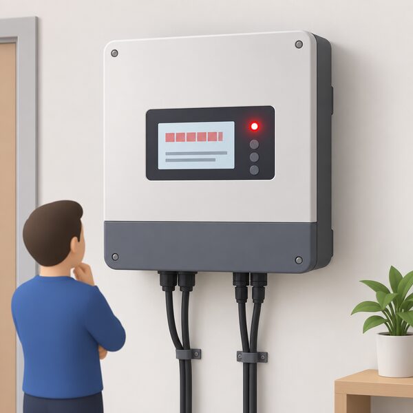 A wall-mounted solar inverter indoors with its display screen showing a fault indication as blank code blocks and a message area of plain lines, alongside a lit red fault indicator light, with no readable characters anywhere on the unit.