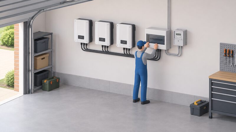 A small isometric figure of an installer standing at a garage wall where a row of inverter units is mounted beside a consumer unit and an electricity meter, with a cable from the inverters running to the consumer unit.