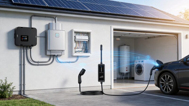 A home with rooftop solar panels, a wall-mounted hybrid inverter and battery, and an EV charging a car in the driveway