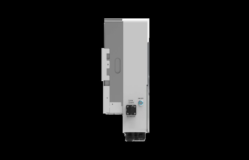 A side view of a Deye hybrid solar inverter unit on a white background