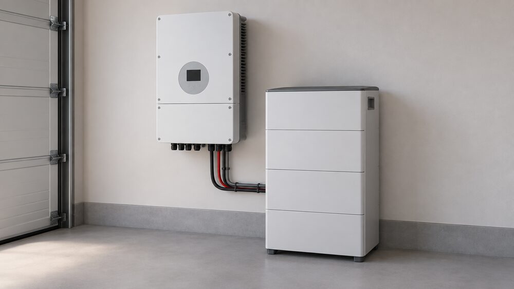 A wall-mounted Deye SUN hybrid inverter box in a garage or plant room, shown close up with a compatible low-voltage lithium battery cabinet beside it on the floor and ventilation clearance around the air-cooled unit.