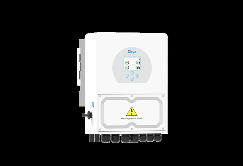 A white Deye hybrid solar inverter with display screen and warning label on a plain background