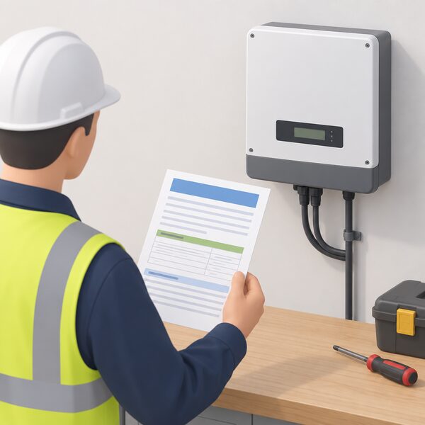 An installer's hand holding a printed paper compliance certificate with test results, shown as a physical document with blank ruled lines and plain colour bands, laid on a work surface beside a single-phase string inverter mounted on a wall.