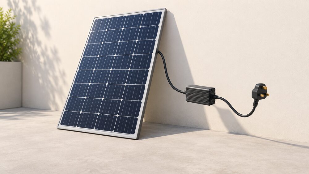 A close-up of a plug-in solar kit: a single solar panel leaning against a sunlit wall, its cable running down through a small inverter box and ending in a standard three-pin plug held clear of the ground, with no other equipment in view.