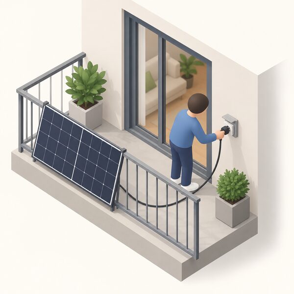 A householder on a balcony connecting a plug-in solar panel kit themselves, the panel resting against the balcony rail with its cable running to a standard outdoor socket on the wall, no installer, scaffolding or paperwork present.