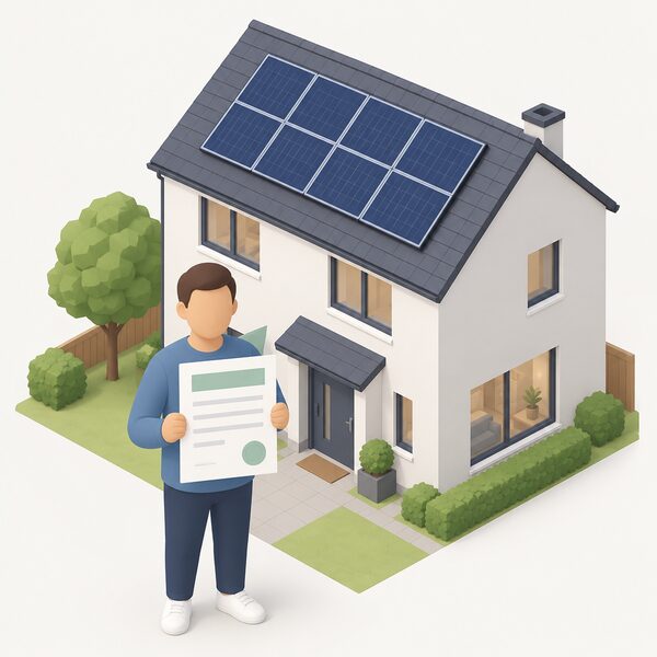 A simplified isometric house with a professionally installed rooftop solar PV array, and in the foreground a householder holding an MCS certificate document shown as a physical sheet with blank lines and plain colour bands carrying no readable content.