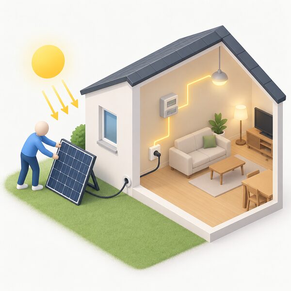 A small plug-in solar panel leaning on a house's exterior wall, its cable running through the wall to a plain socket inside, with a simplified isometric figure placing the panel outside, showing generation happening behind the meter within the home.