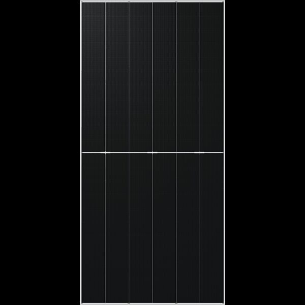 A DMEGC all-black solar panel shown front-on against a white background