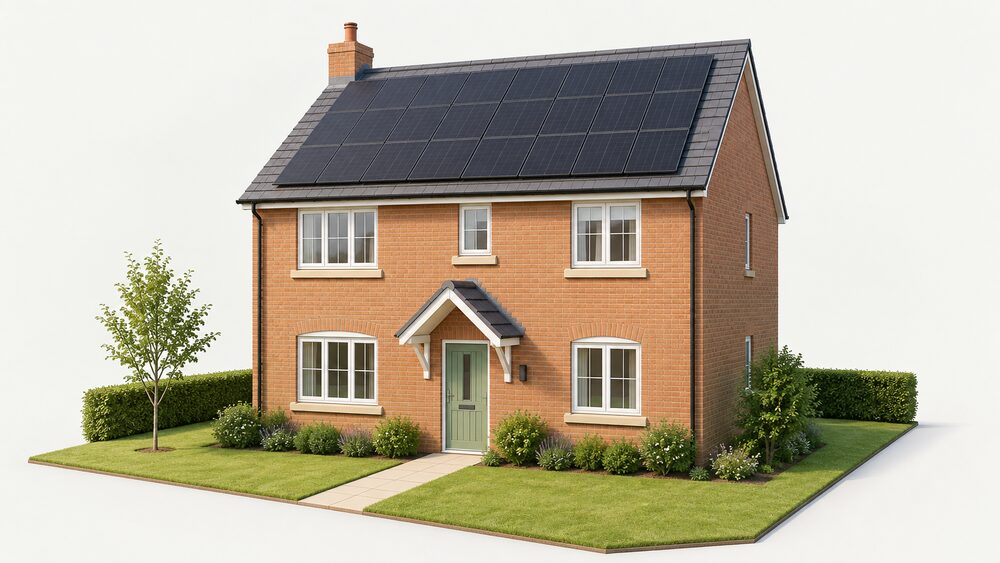 A UK house with a full array of dark solar panels fitted over the roof tiles, seen from the street in daylight, with no other equipment shown.