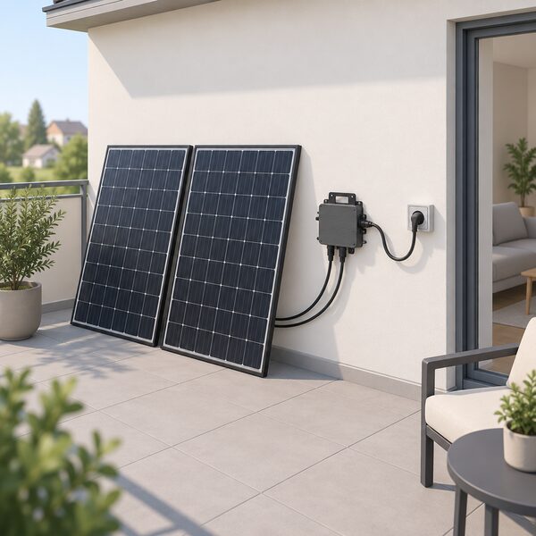 A two-panel plug-in solar kit shown as a retail product arrangement: two DMEGC panels leaning against a house wall on a small balcony or patio, connected by cables to a paired Hoymiles microinverter unit mounted nearby, with the microinverter's lead running to a standard outdoor plug socket on the wall.