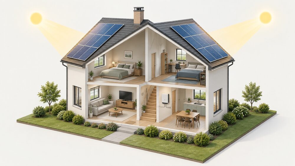 A cutaway two-storey house with solar panels on both the east-facing and west-facing roof slopes, the inverter mounted on an indoor wall, showing the two slopes catching low morning and afternoon sun.
