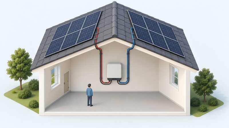 A cutaway isometric view of a house roof with solar panels on both the east and west slopes, each slope's panels wired down to an inverter with two string inputs on the wall, showing the two orientations managed independently.