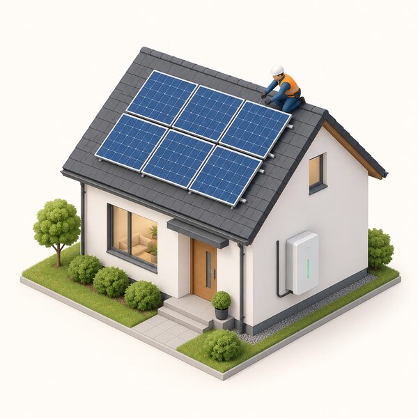 A small isometric house with solar panels on its pitched roof and a battery storage unit on the wall beside it, with a simplified installer figure on the roof securing a panel to show the qualifying installation covered by the VAT rules.