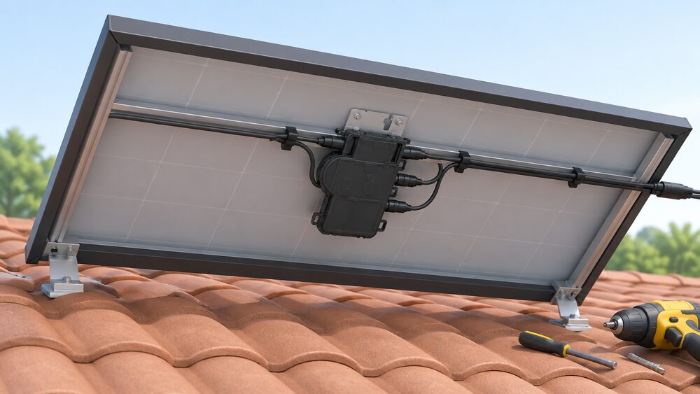 A close-up of the underside of a single rooftop solar panel with one small Enphase IQ8 microinverter mounted at its centre, joined to a single IQ Cable run running along the panel to the next panel, with a roofer's tools lying nearby.