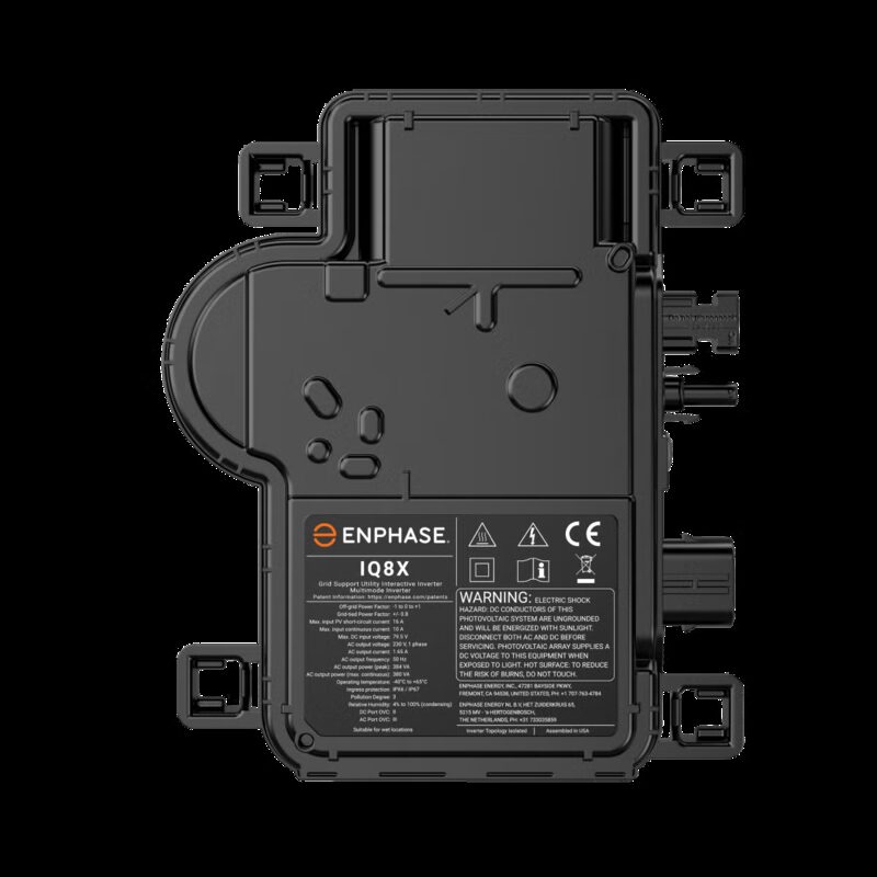 An Enphase IQ8X microinverter, a black grid-tie solar microinverter shown against a white background with its specification label visible