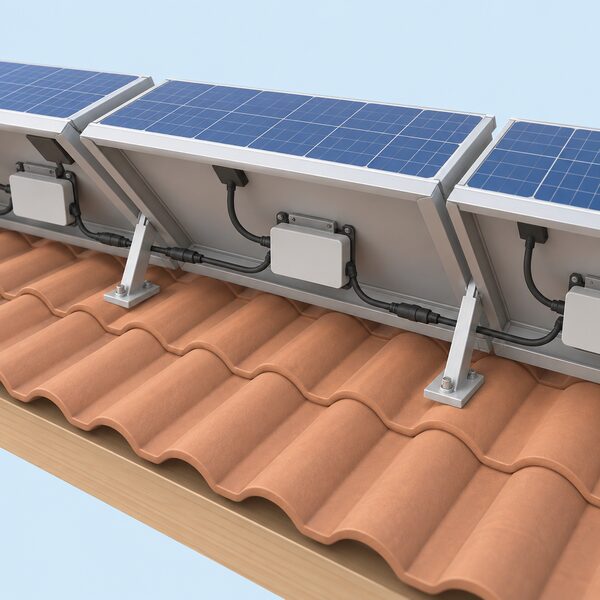 A close-up view beneath a tilted roof solar panel showing one small rectangular microinverter mounted on the roof under the panel, with its cabling running from the panel to the unit and along to neighbouring panels each with its own identical unit.