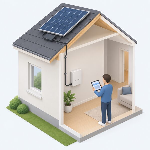 A cutaway scene showing a small microinverter mounted beneath a solar panel on the roof, with its cabling running down into the house to an IQ Gateway unit fixed on an indoor wall, a simplified figure nearby holding a tablet showing a plain monitoring screen.