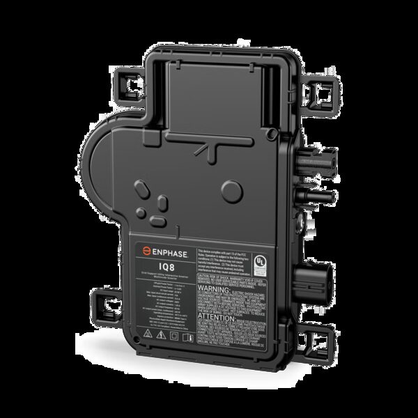 A black Enphase IQ8 solar microinverter unit shown against a white background
