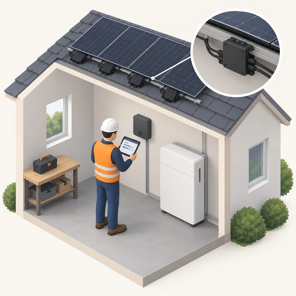 A simplified isometric installer stands indoors beside an IQ Gateway on a wall, holding a tablet running the Installer App with a plain progress screen, commissioning a rooftop array of IQ8 microinverters with an IQ Battery 5P nearby.