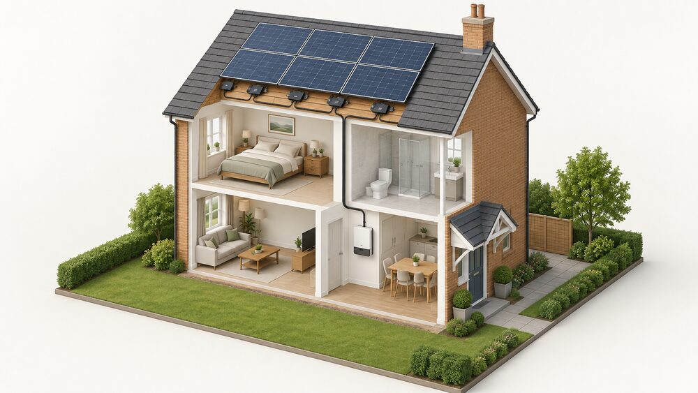 A cutaway view of a UK house with solar panels on the roof, small module-level electronics mounted beneath each panel, and a single central inverter box on an inside wall connected down from the roof array.