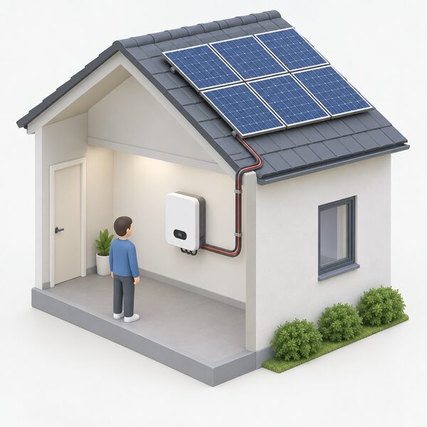 A single-phase solar inverter mounted on an indoor wall, with cables running from it up through the wall to the rooftop solar panel array outside.