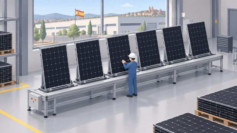 Inside a Spanish solar factory, a row of dark monocrystalline modules stands upright on a long test bench, with a simplified isometric worker inspecting one module, and through a large window behind the bench a Spanish industrial building is visible.