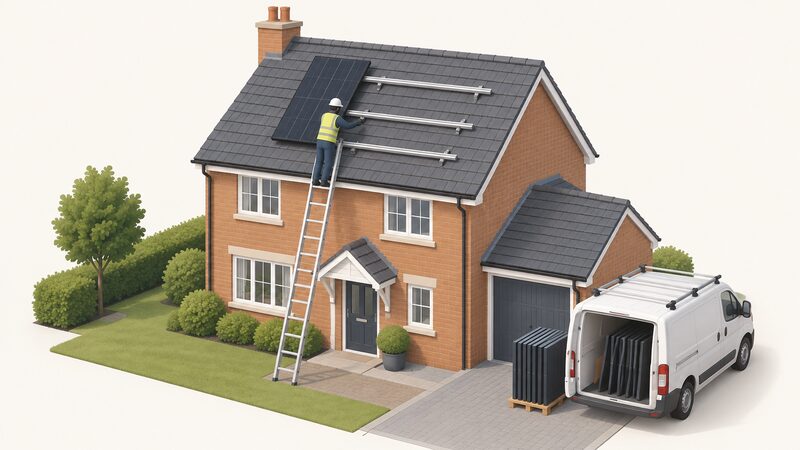 A UK installer on a ladder against a pitched tiled roof fixes a dark solar panel down onto mounting rails already fixed to the roof, with a small van and spare modules on the drive below.