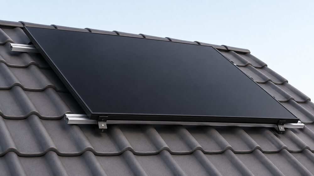 A single full-black solar panel shown close up, its dark monolithic face filling the centre of the frame, mounted on a roof with mounting rails visible beneath its edge, with no other equipment in the scene.