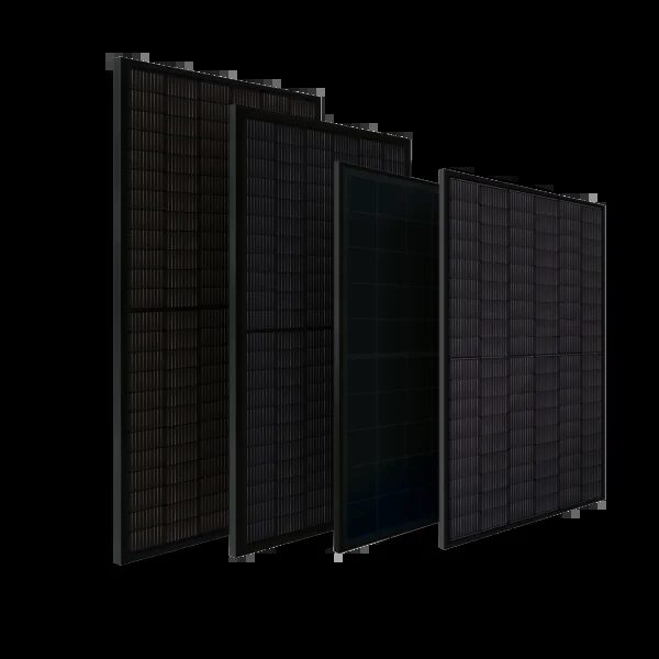 Four all-black Eurener solar panels from the Full Black series displayed in a row against a white background