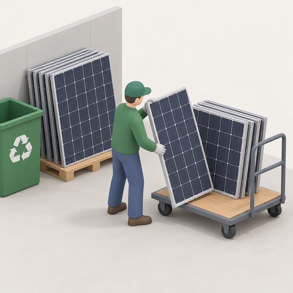 A decommissioned solar panel leaning against a wall in a household recycling setting, with a gloved worker in plain clothing lifting it onto a trolley or pallet alongside other set-aside panels ready for collection.