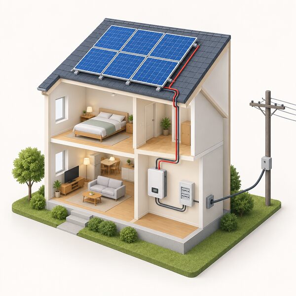 A cutaway view of a house showing solar panels on the roof connected by cabling down through the mounting to an inverter indoors, which links to the home's electricity supply and the grid connection.