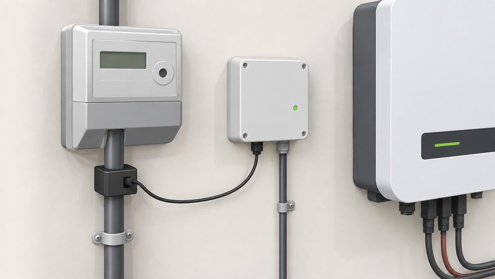 A close-up of a current transformer clamped around the incoming supply cable at the meter position, with a signal cable running to a small export power manager unit mounted on the adjacent wall, and the solar inverter partly visible nearby.
