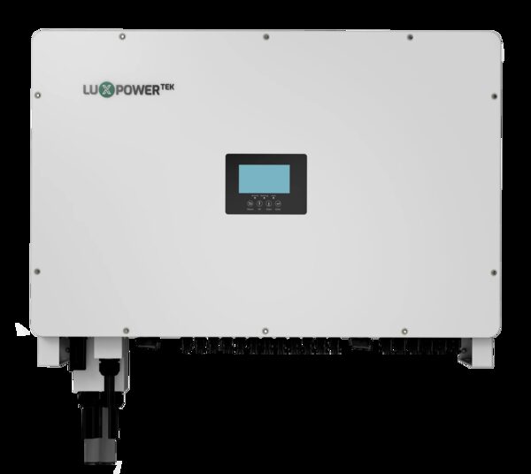 A LuxpowerTek LSP 100 hybrid solar inverter, a white wall-mounted unit with a small display screen and connection terminals along the bottom