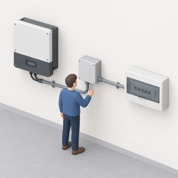 A wall-mounted solar inverter connected by conduit to a separate export limiting device box, which in turn connects onward to the household consumer unit, all on a plain garage or utility wall with a simplified isometric figure inspecting the wiring between the boxes.