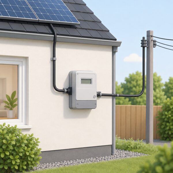 An export meter mounted on an exterior wall of a house beside the electricity supply, with a cable from the solar installation running to it and a cable continuing to the grid, measuring the surplus solar electricity being exported.