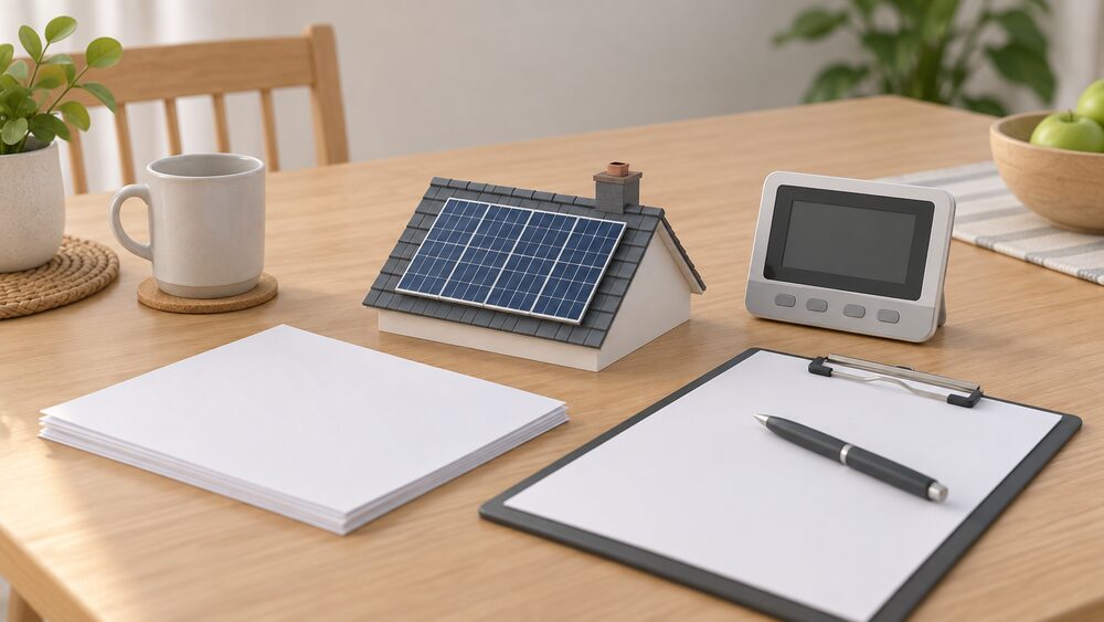 A small rooftop solar panel model stands on a kitchen table beside blank application paperwork, a clipboard with a pen, and a smart meter display showing a blank screen, representing the decision to switch export payments.