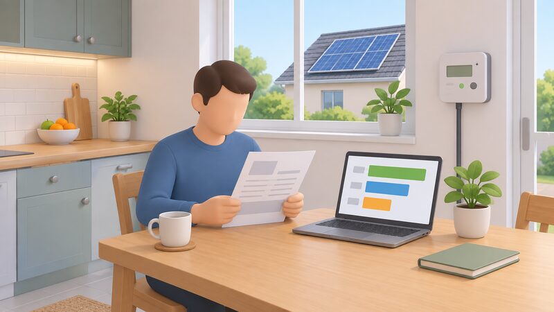 A homeowner sits at a kitchen table reading a paper SEG statement while a laptop beside them shows a comparison screen of plain supplier bars, with a small rooftop solar installation visible through the window behind.