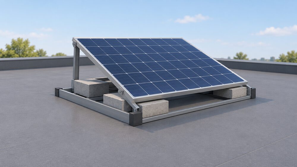 A close-up of a tilted solar PV panel mounted on a ballasted tray standing on a flat roof surface, its raised back edge the highest point, with ballast blocks weighting the tray and no fixings through the roof membrane.
