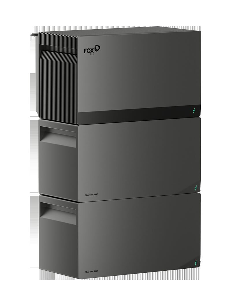 A stacked Fox ESS MiniQube plug-in home battery storage unit with inverter module on top of two battery modules