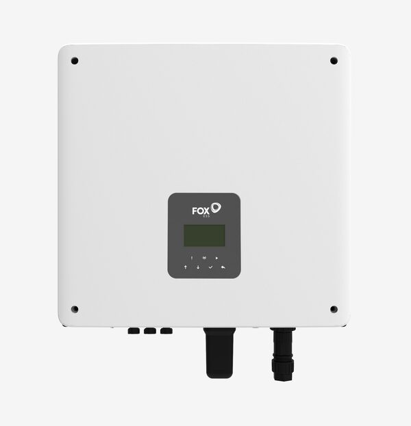 A white Fox ESS hybrid inverter unit with a display panel and connection ports, shown on a plain background