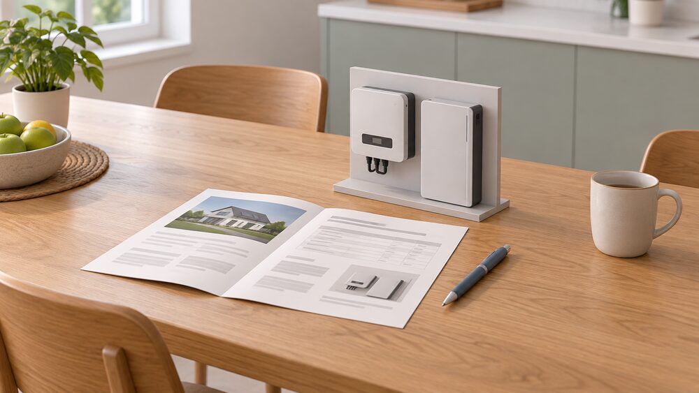 On a kitchen table, a printed quote document lies open beside a small model of a wall-mounted hybrid inverter and a slimline battery unit, with a pen and a mug nearby.