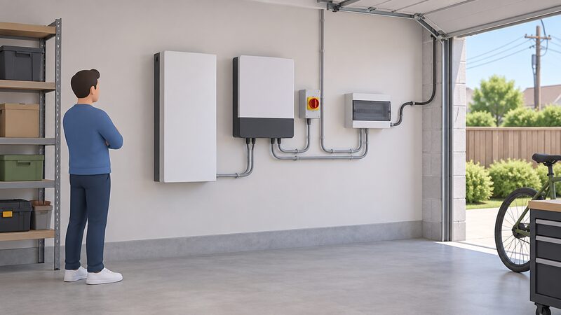 A garage interior with a single wall-mounted hybrid inverter beside a slimline wall-hung battery, a DC isolator switch next to the inverter, and a consumer unit on the same wall, all connected by visible conduit with a cable running away toward the grid supply.